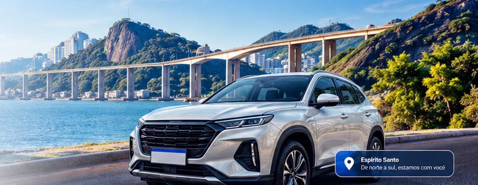 Cenário costeiro e automóvel em paisagem inspirada no Espírito Santo